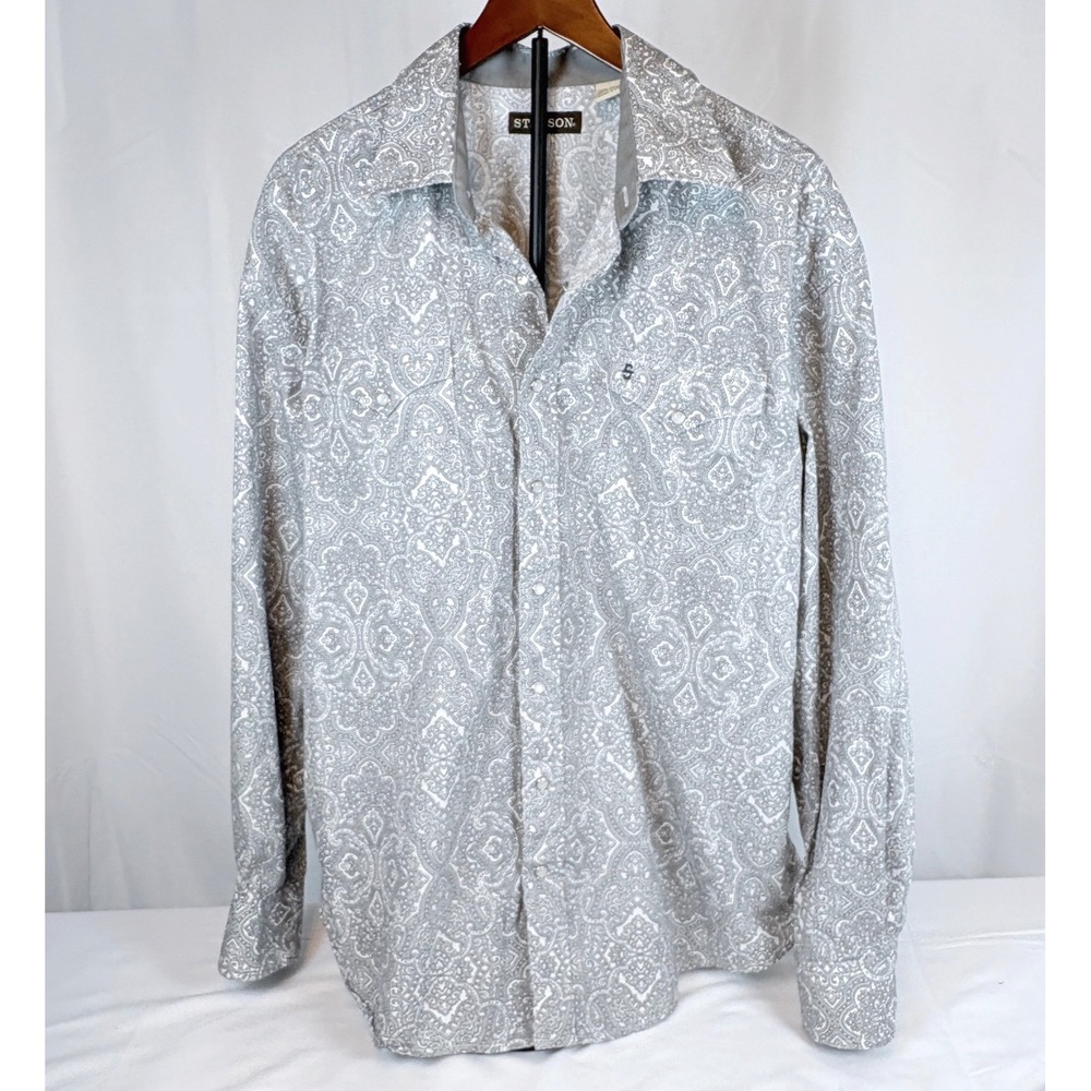 Stetson Mens XL Grey Paisley Western Pearl Snap L/S Shirt Cotton Logo Cowboy